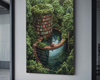Surreal library canvas painting, surreal book art, forest and library wall decor, illusionist library poster, book printing