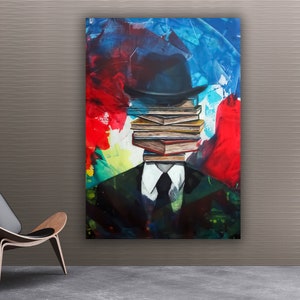 İnformation ring canvas, business man and books abstract painting, surreal man canvas print