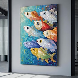 Abstract Colorful Fish Canvas, Original Nature Ocean Painting, fish Painting, Large Wall Art Living Room Wall Decor