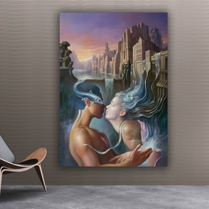 Love of fishes painting, surreal love art, abstract couple wall art