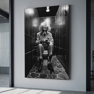 Einstein in the toilet black and white canvas painting, Einstein canvas gift, black and white famous physicist canvas print