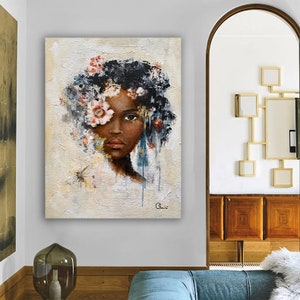 Frau mit Blumenkopf Leinwand Gemälde, beige Rosen und Frau Druck, Blumen Frau Poster , Blumen und Frau Leinwanddruck