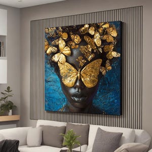 Black woman with golden butterfly canvas painting, black woman portrait art, with butterfly, women wall decor gift