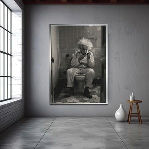 Einstein in the toilet black and white canvas painting, Einstein canvas gift, black and white famous physicist canvas print