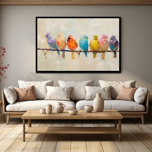 Pintura en lienzo de pájaros coloridos, pájaros parados sobre arte de alambre, pintura al óleo que mira a un pájaro, póster de pájaros