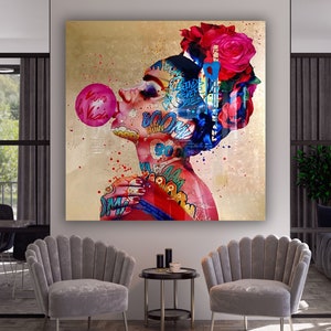 Bubble Gum Woman POP Art, OMG Pop Art Wall Art, Shock Style Pop Art, Comic Style Pop Art, Woman Portrait Framed Canvas