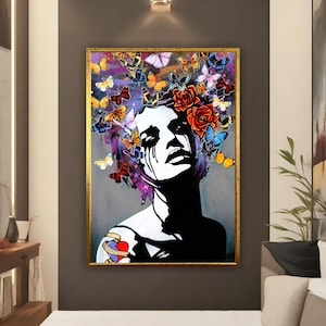 Woman with flower head canvas painting, roses and woman print, flower woman art, flowers and woman canvas wall art
