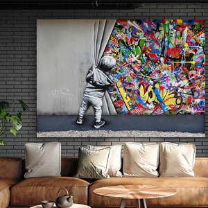 Hinter dem Vorhang, Banksy Wandkunst, Urban Style Leinwand, Kinder Graffiti Wandkunst, Moderne Straßenkunst, Martin Watson Leinwand