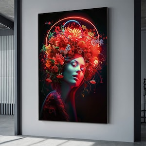 Abstract painting of a beautiful woman with red, female portrait canvas print, woman poster with flowers