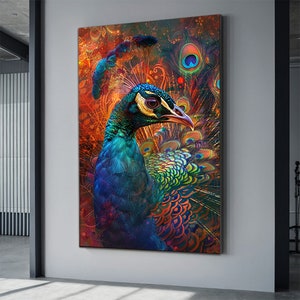 Peacock portrait  Print, Elegant Peacock Wall Art,  Bird Poster, Animals Wall Decor, Painting On Canvas, Peacock Home Decor