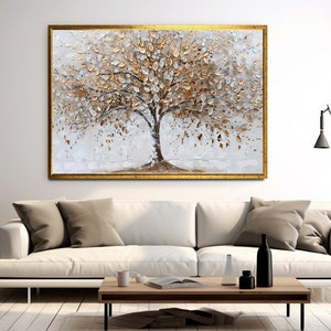 Baum Malerei auf Leinwand, Goldener Baum Wandkunst, Natur Wanddekor, Goldene Blume Poster, fertig zum Aufhängen Dekoration