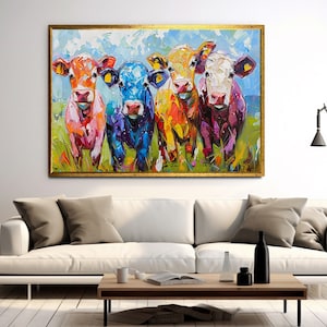 Cuadro en lienzo de vacas lindas, impresión en lienzo de vacas coloridas, arte de pared de vacas divertidas, póster de vacas, decoración de pared de granja, panel de animales