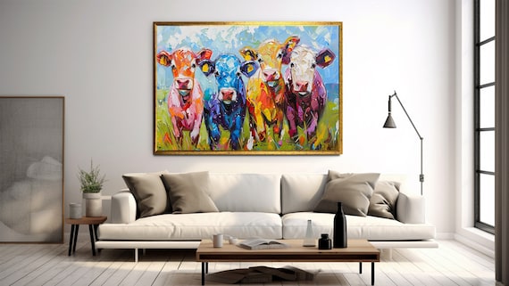 Cute cows canvas painting, colorful cow canvas print, funny cow wall art, cow poster, farmhouse wall decor, animal panel