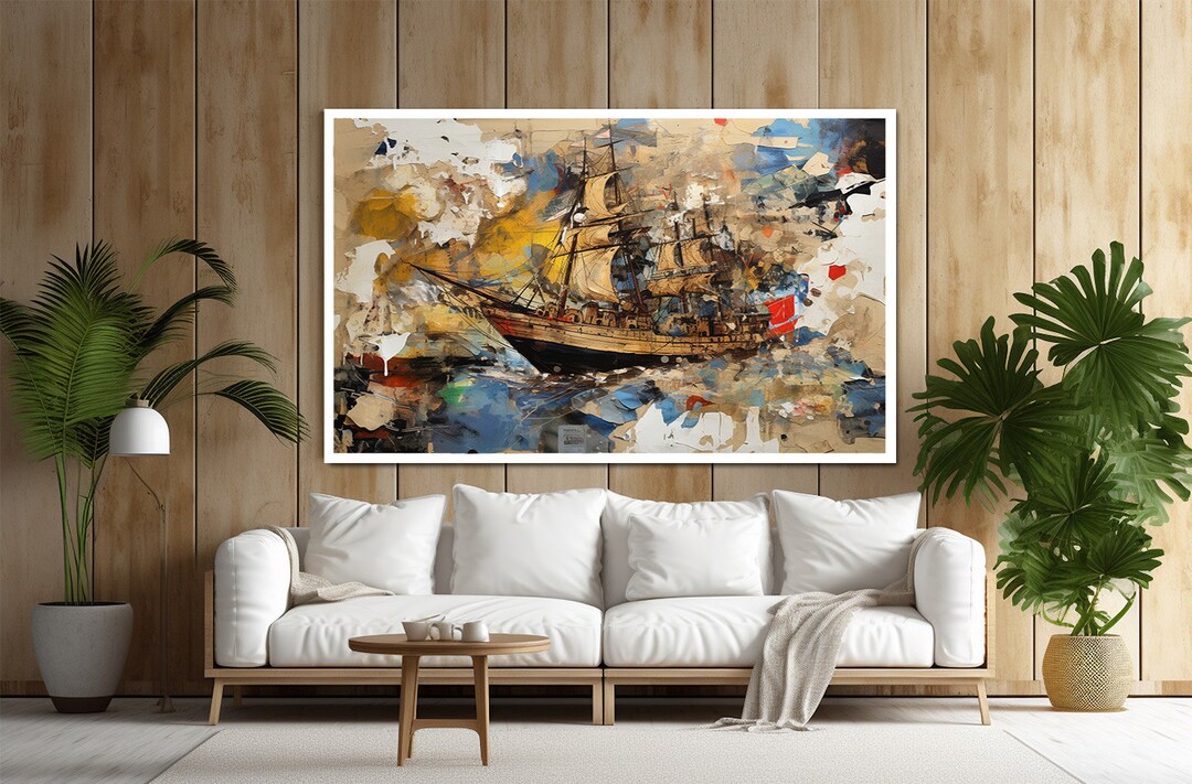 Colorful Ship Canvas Painting, Ship Landscape Painting, Sea Landscape