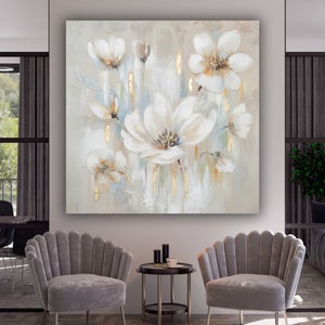 White Flowers  Canvas Painting, Flower Canvas Print Art, Floral Artwork, Modern Wall Decor, White Rose Canvas Wall Art, Wall Hanging
