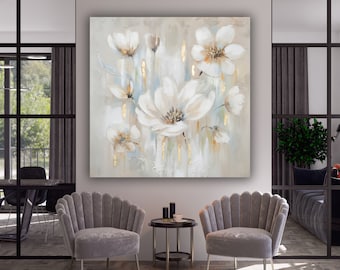 White Flowers  Canvas Painting, Flower Canvas Print Art, Floral Artwork, Modern Wall Decor, White Rose Canvas Wall Art, Wall Hanging