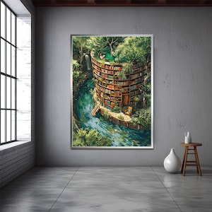 Lienzo de biblioteca surrealista Arte mural Book Dam Decoración de biblioteca para el hogar Impresión de arte surrealista Arte mural de biblioteca