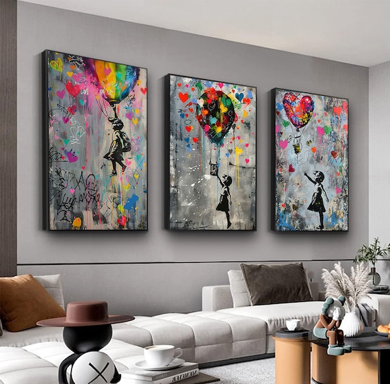 Kids Room Canvas Painting, Flying Balloon Child Art, Banksy