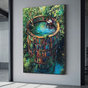 Lienzo de biblioteca surrealista Arte mural Book Dam Decoración de biblioteca para el hogar Impresión de arte surrealista Arte mural de biblioteca