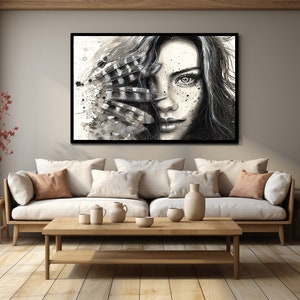 Haarige Frau Kunst, gefiedertes Haar Poster, Feder Poster, Schwarzweiß Kunst