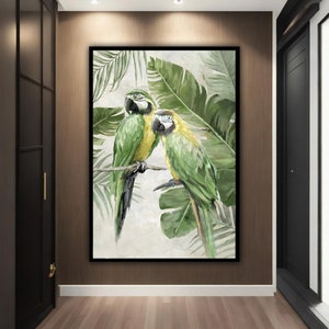 Parrot in leaves painting, parrots flowering wall art, parrot canvas painting, parrot poster
