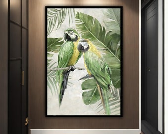 Parrot in leaves painting, parrots flowering wall art, parrot canvas painting, parrot poster