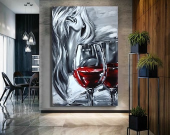 Woman and wine canvas, wine glasses art, red wine print, beautiful woman wall art, woman poster