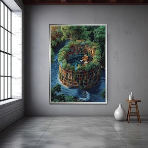 Arte mural en lienzo de biblioteca, pintura de biblioteca, pintura en lienzo de libros, arte en lienzo de libros, pintura surrealista en lienzo de biblioteca