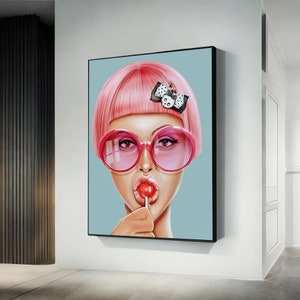 Pop Art Mädchen Leinwand, rosa Mädchen Kunst, Mädchen mit Brille Druck, Cartoon Frau Wandkunst, rosa behaarte Mädchen Malerei