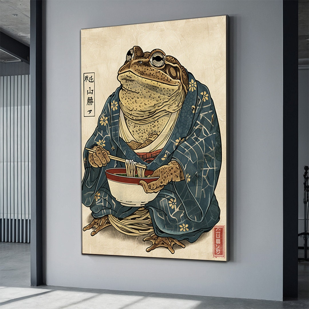 Japanese Frog Print, Funny Frogs, Japandi Wall Art, Large Wall Art