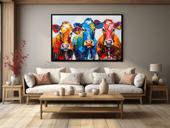 Funny cow colorful canvas painting, colourful cow canvas print, cow poster, funny cow wall art