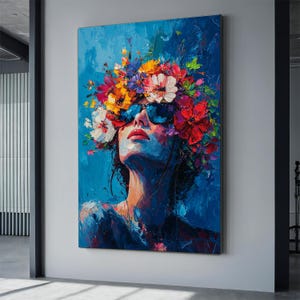 Woman with flower head canvas painting, woman portrait art with flowers, colorful woman wall art