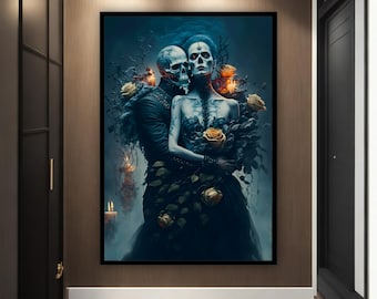 Skeleton lovers kiss, hugging couple skull canvas wall art , skull canvas painting, skeleton art canvas, surreal canvas print, framed canvas
