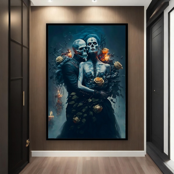 Skeleton lovers kiss, hugging couple skull canvas wall art , skull canvas painting, skeleton art canvas, surreal canvas print, framed canvas