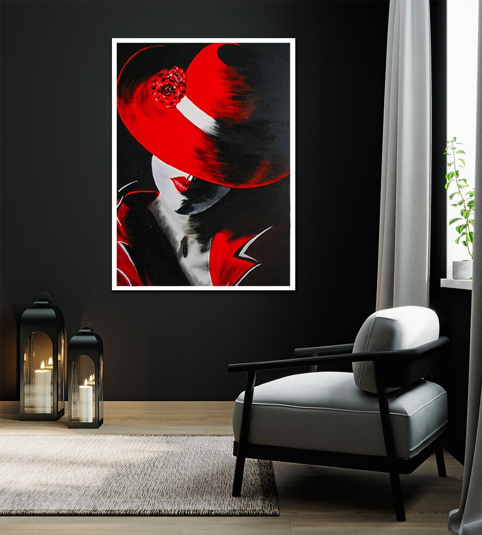 Peinture femme chapeau rouge, toile femme aux chapeaux rouges, art belle fille, art mural chapeaux rouges