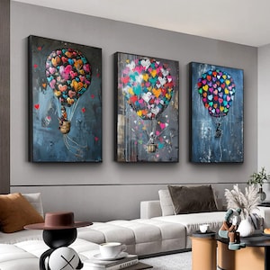 Juego de 3 lienzos con globos de Banksy, póster de globos, arte de Banksy, diseño de lienzo para pared, impresión de Banksy con grafiti de globos aerostáticos