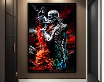 Skeleton lovers kiss, hugging couple skull canvas wall art , skull canvas painting, skeleton art canvas, surreal canvas print, framed canvas