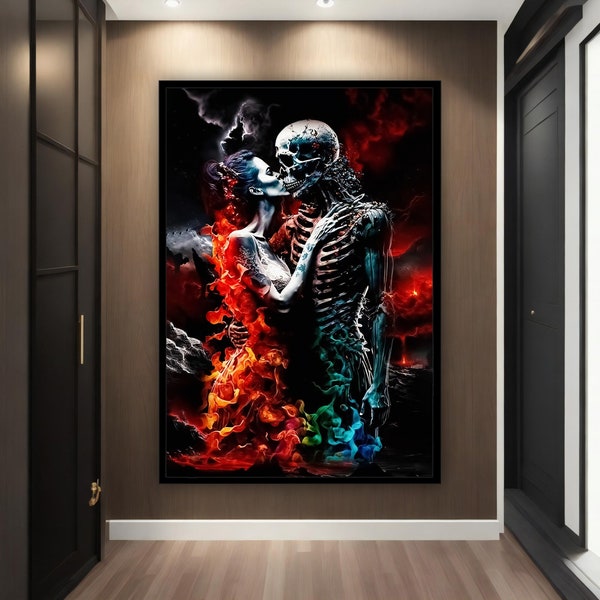 Skeleton lovers kiss, hugging couple skull canvas wall art , skull canvas painting, skeleton art canvas, surreal canvas print, framed canvas