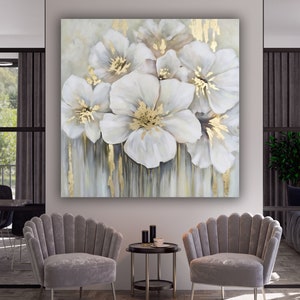 White Flowers  Canvas Painting, Flower Canvas Print Art, Floral Artwork, Modern Wall Decor, White Rose Canvas Wall Art, Wall Hanging