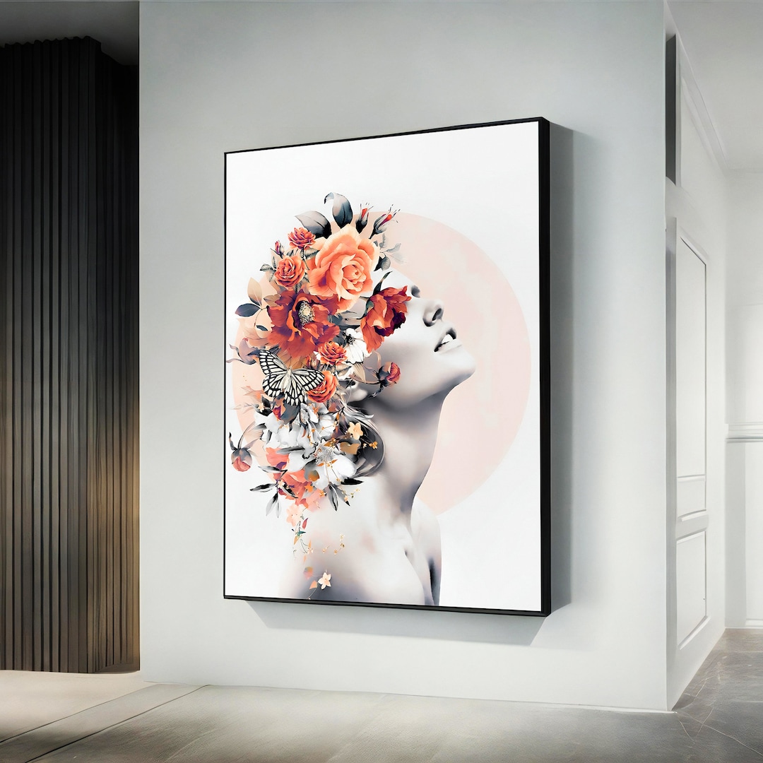 Flower Head Woman Canvas Wall Art, Rose Head Girl Canvas Print Art ...