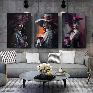 Set of 3 canvas paintings wine and women, women drinking wine art, women in hats poster, women decor, women drinking wine art