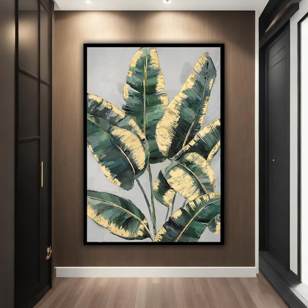Green and Gold Leaf Wall Art Etsy