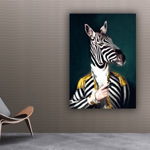 Zebra man canvas, animal life size art, zebra head and human body print, funny zebra wall art