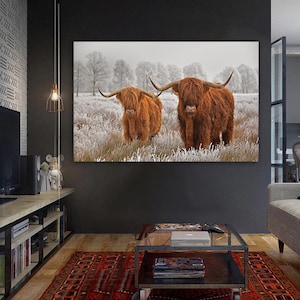 Highland cow canvas wall art Farmhouse decor Cow Black White print Rustic wall decor Animals painting Scottish cow canvas wall art
