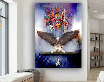 Winged angel woman canvas wall art , angel canvas painting
