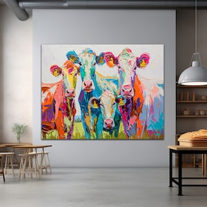 Farmhouse Wall Art Three Cute Cows Looking , Painting Canvas Print, Cows in The Farm Wall Decor