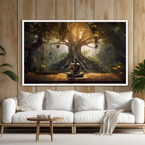 Paisagem de árvore Buda, pintura de Buda, arte em tela de Buda, arte budista, arte de parede de Buda, arte de parede de meditação, arte de ioga