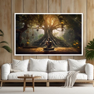 Tree landscape buddha, buddha painting, buddha canvas art, buddhism art, buddha wall art, meditation wall art, yoga art