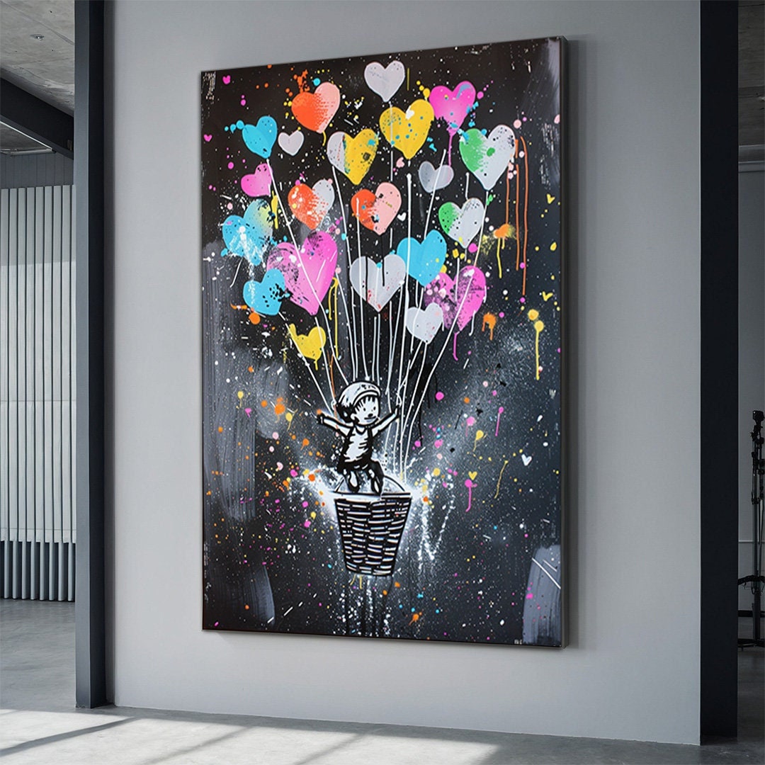 Boy Flying in Air Balloon Canvas Print, Kids Art, Garfiti