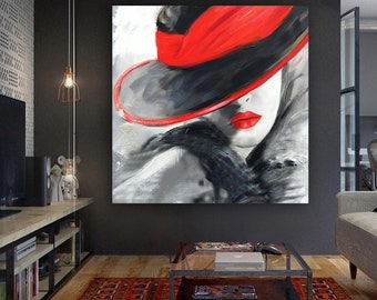 Woman in red hats canvas, beautiful girl art, red hats wall art